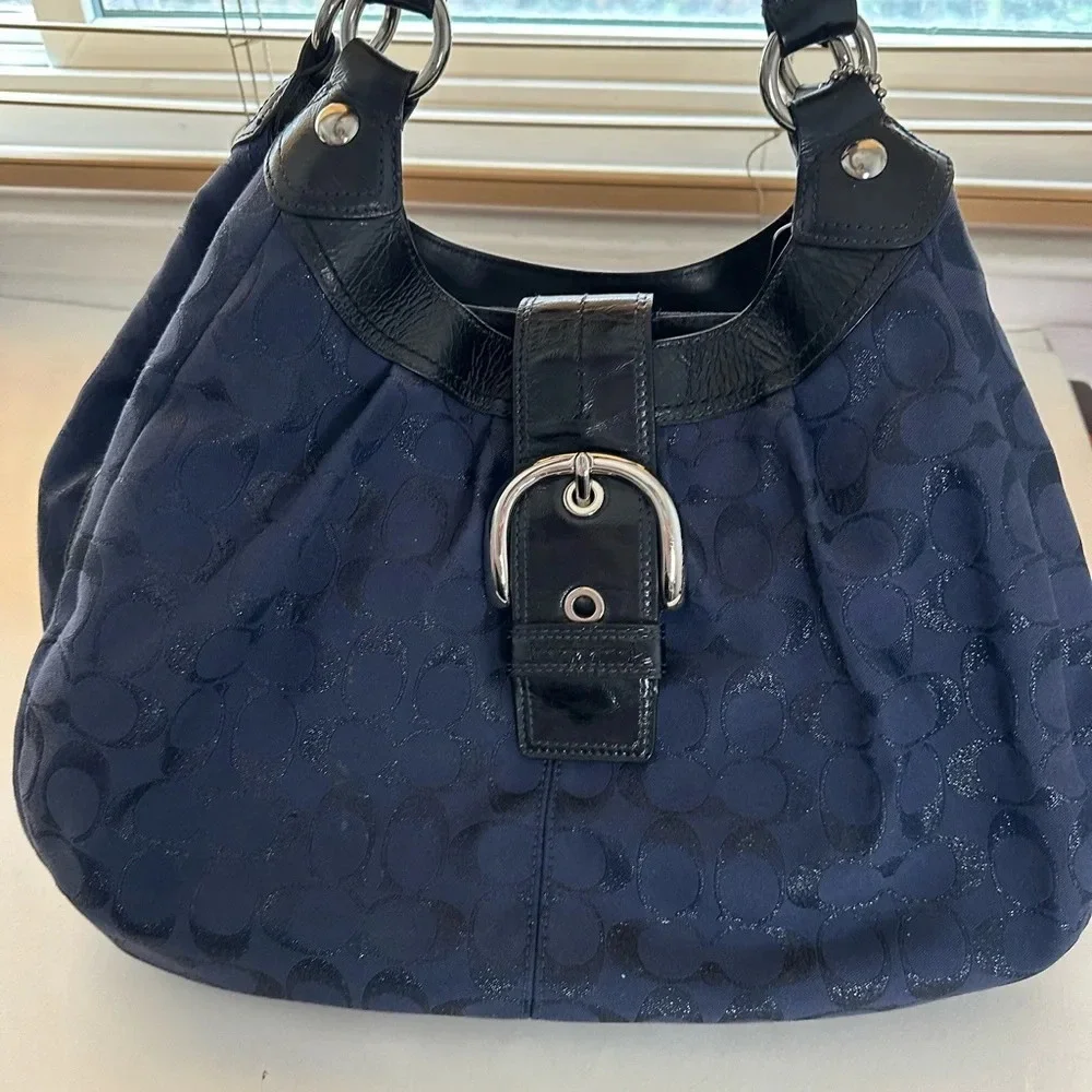 COACH Large Dark Blue Leather Trim Travel Business Functional Shoulder Handbag - Picture 10 of 12